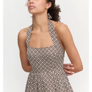Hill House Fluer Halter Dress in Brown and White Geometric Print